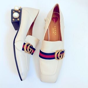 GUCCI Peyton Pearl GG Embellished Web White Cream Leather low Heel Loafers 36